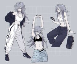 Rule 34 | 1girl, :d, armpits, arms up, artist name, bare shoulders, black footwear, black jacket, breasts, camisole, cellphone, character request, copyright request, crop top, full body, grey background, grey eyes, grey hair, highres, holding, holding phone, jacket, long hair, looking at viewer, mao (expuella), messy hair, midriff, multiple views, navel, off shoulder, open mouth, pants, phone, shoes, signature, small breasts, smartphone, smile, spaghetti strap, sports bra, standing, stomach, very long hair, watch, white pants, wristwatch