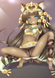 Rule 34 | 1girl, alto seneka, animal ear fluff, animal ears, ankle lace-up, anklet, armlet, arms behind back, barefoot, bastet (p&amp;d), black panties, breasts, brown hair, cat ears, cat tail, colored eyelashes, commentary request, covered erect nipples, cross-laced footwear, crown, dark-skinned female, dark skin, egyptian, fang, feet, gem, green eyes, hair ornament, jewelry, long hair, looking at viewer, mismatched eyelashes, nail polish, open mouth, panties, puzzle &amp; dragons, revision, small breasts, solo, spread legs, tail, toenail polish, toenails, toes, underwear, upskirt, very long hair, yellow nails