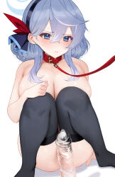 Rule 34 | 1girl, ako (blue archive), bdsm, bell, black thighhighs, blue archive, blue eyes, blue hair, blush, breasts, collar, collarbone, dildo, hair between eyes, hairband, halo, highres, large breasts, leash, long hair, looking at viewer, mochirong, neck bell, nude, sex toy, sidelocks, slave, solo, squatting, thighhighs, thighs, white background
