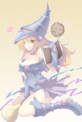 Rule 34 | 1girl, :p, ;p, a-na, absurdres, bare shoulders, blonde hair, blue eyes, blue footwear, blush, book, boots, breasts, choker, cleavage, collar, dark magician girl, duel monster, gloves, gradient background, hat, heart, highres, kuriboh, long hair, one eye closed, pentacle, skirt, smile, staff, tongue, tongue out, white background, wink, wizard hat, yellow background, yu-gi-oh!, yu-gi-oh! duel monsters