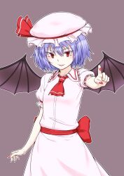 Rule 34 | 1girl, ascot, bat wings, blue hair, collared shirt, commentary, dress, grey background, hat, hat ribbon, highres, kakone, mob cap, neckerchief, red ascot, red nails, red neckerchief, red ribbon, remilia scarlet, ribbon, shirt, short hair, short sleeves, simple background, solo, touhou, white dress, wings