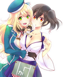 Rule 34 | 10s, 1boy, 2girls, :d, :o, absurdres, admiral (kancolle), alternate eye color, atago (kancolle), blonde hair, blush, breasts, brown hair, cleavage, collarbone, gloves, green eyes, hakama, hakama short skirt, hakama skirt, hat, highres, hoshino madoka, japanese clothes, kaga (kancolle), kantai collection, large breasts, looking at viewer, mini person, miniboy, multiple girls, off shoulder, open clothes, open mouth, open shirt, red eyes, shirt, side ponytail, simple background, skirt, smile, tasuki, white background