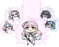 Rule 34 | 5girls, ahoge, ako (blue archive), blue archive, blush, chan co, chibi, closed eyes, dress, energy, eyewear on head, gradient hair, grey hair, gun, hair bun, hairband, halo, himari (blue archive), holding, holding gun, holding weapon, hoshino (blue archive), hoshino (swimsuit) (blue archive), long hair, looking at viewer, mika (blue archive), multicolored hair, multiple girls, open mouth, pink hair, powering up, scrunchie, simple background, single side bun, standing, sunglasses, sweat, ui (blue archive), very long hair, weapon, white background, wings, wrist scrunchie, yellow eyes