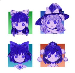 Rule 34 | 4girls, bambootea, bow, cirno, closed mouth, flower, hair bow, hair tubes, hakurei reimu, hat, kirisame marisa, looking at viewer, multiple girls, omori, parody, pointy ears, pom pom (clothes), portrait, purple theme, scarf, shameimaru aya, sidelocks, smile, style parody, sunflower, tanned cirno, tokin hat, touhou, witch hat
