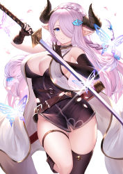 Rule 34 | 1girl, absurdres, an yasuri, asymmetrical gloves, bare shoulders, black footwear, black gloves, black thighhighs, blue eyes, blush, braid, breasts, cleavage, draph, elbow gloves, gloves, granblue fantasy, hair ornament, hair over one eye, highres, horns, katana, large breasts, light purple hair, long hair, looking at viewer, low tied hair, narmaya (granblue fantasy), pointy ears, revision, simple background, single braid, single thighhigh, sleeveless, smile, solo, sword, thigh strap, thighhighs, thighs, uneven gloves, weapon, white background