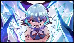 Rule 34 | 1girl, artist request, blue bow, blue dress, blue eyes, blue hair, blush, bow, breath, breathing, cirno, cold, collared shirt, commentary request, crossed arms, dress, eyes visible through hair, glowing, glowing hair, hair between eyes, ice, ice wings, looking at viewer, neck ribbon, puffy short sleeves, puffy sleeves, red ribbon, ribbon, shirt, short hair, short sleeves, smug, solo, sparkle, touhou, upper body, v-shaped eyebrows, white shirt, wing collar, wings