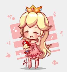 Rule 34 | 1girl, aged down, artist name, baby mario, bad deviantart id, bad id, bare arms, bare shoulders, blonde hair, blush, character doll, chibi, closed eyes, crown, doll, dolldigitaldesign, dress, dress ribbon, earrings, frilled dress, frills, full body, gold headwear, grey background, holding, holding doll, jewelry, kneehighs, long hair, lower teeth only, mario, mario (series), mini crown, nintendo, open mouth, pink dress, pink ribbon, pink socks, princess peach, ribbon, rubbing eyes, shadow, shirt, short dress, simple background, sleeveless, sleeveless shirt, socks, solo, sphere earrings, strap slip, striped clothes, striped socks, tearing up, teeth, very long hair, yawning