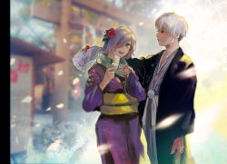 Rule 34 | 1boy, 1girl, alternate costume, arm at side, blurry, blurry background, colored skin, day, flower, grey hair, hair flower, hair ornament, hair over one eye, hand up, hands up, highres, holding, japanese clothes, kaneki ken, kimono, kirishima touka, kyuuba melo, looking at another, obi, outdoors, purple kimono, red flower, red skin, sash, smile, tokyo ghoul, tokyo ghoul:re, torii