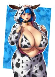 Rule 34 | 1girl, absurdres, animal costume, animal ears, animal print, bikini, bikini under clothes, blue hair, blush, bodysuit, breasts, choker, cleavage, cow costume, cow ears, cow horns, cow print, cow print bikini, cowbell, curvy, earrings, erkaz, eyelashes, female focus, happy, high heels, highres, horns, huge breasts, jewelry, multiple views, navel, open mouth, original, outline, plump, print bikini, red eyes, rina atherina, short hair, skindentation, smile, solo, standing, swimsuit, veins, veiny breasts, white footwear, white outline, wide hips