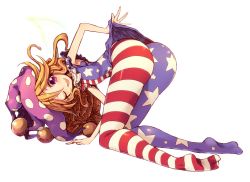 Rule 34 | 1girl, all fours, american flag, american flag dress, american flag legwear, ass, blonde hair, clownpiece, fang, flag, full body, hat, jester cap, kuresento, looking at viewer, one eye closed, open mouth, pantyhose, pink eyes, print pantyhose, revision, simple background, sleeveless, smile, solo, star (symbol), striped clothes, striped pantyhose, touhou, white background