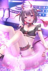 Rule 34 | 1girl, :d, bikini, black bikini, black footwear, black hair, blush, breasts, checkered floor, commentary request, demon girl, demon horns, demon tail, demon wings, fangs, frilled bikini, frills, hair ornament, head wings, heart, heart hair ornament, highres, holding, horns, innertube, looking at viewer, multicolored hair, noripro, open mouth, ouma kirara, pool, pool ladder, red eyes, red hair, red wings, sandals, short hair, small breasts, smile, solo, streaked hair, swim ring, swimsuit, tail, tongue, tongue out, two side up, virtual youtuber, water, wings, yuyuko (yuyucocco)