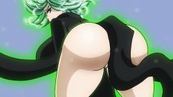 Rule 34 | 1girl, animated, animated gif, anus, ass, ass shake, aura, black dress, bouncing breasts, breasts, cleft of venus, curly hair, demonroyal, dress, from behind, green eyes, green hair, huge ass, large breasts, looking back, one-punch man, pelvic curtain, pussy, short hair, smile, solo, tatsumaki, telekinesis, uncensored