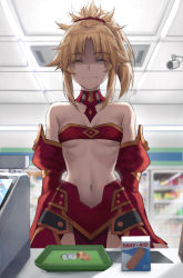 Rule 34 | 1girl, ^ ^, bandaid, bandeau, bare shoulders, blonde hair, breasts, closed eyes, closed mouth, coin, collarbone, commentary request, detached collar, detached sleeves, eyes visible through hair, facing viewer, fang, fang out, fate/apocrypha, fate (series), highres, indoors, long hair, md5 mismatch, mordred (fate), mordred (fate/apocrypha), navel, parted bangs, ponytail, pov, resolution mismatch, shaded face, sidelocks, small breasts, smile, solo, source smaller, tonee