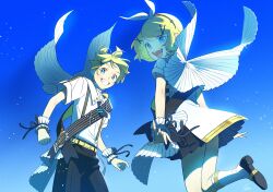 Rule 34 | 1boy, 1girl, ahoge, bass clef, black footwear, black pants, blonde hair, blue background, blue eyes, blue sky, blue theme, bon bon eee, bow, buttons, clenched hand, collar, double horizontal stripe, dress, fake wings, frilled collar, frilled cuffs, frills, grey necktie, grin, hair ornament, hairband, hairclip, highres, kagamine len, kagamine rin, leg up, light particles, looking at viewer, looking back, mary janes, musical note, necktie, open mouth, pale skin, pants, pleated collar, pleated dress, sheet music, shirt, shoes, short hair, short necktie, short ponytail, short sleeves, sky, smile, socks, standing, standing on one leg, swept bangs, treble clef, turning head, vocaloid, white bow, white dress, white shirt, white socks, wings, wrist cuffs, yellow stripes