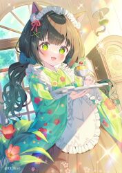 Rule 34 | 1girl, :d, animal ear fluff, animal ears, apron, blue bow, blush, bow, brown hair, brown hakama, checkered clothes, checkered kimono, cherry, clock, commentary request, day, fang, flower, food, frilled apron, frills, fruit, grandfather clock, green eyes, green kimono, hair bow, hair ornament, hakama, hakama skirt, highres, holding, holding tray, ikari (aor3507), indoors, japanese clothes, kimono, long hair, long sleeves, looking at viewer, low twintails, maid, maid headdress, open mouth, original, pudding, red flower, roman numeral, skirt, smile, solo, standing, tray, twintails, twitter username, very long hair, wa maid, wall lamp, white apron, wide sleeves, window, x hair ornament
