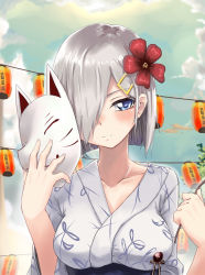 Rule 34 | 10s, 1girl, absurdres, alternate costume, blue eyes, blush, breasts, cloud, female focus, flower, fox mask, hair flower, hair ornament, hair over one eye, hairclip, hamakaze (kancolle), highres, holding, holding mask, ivan wang, japanese clothes, kantai collection, kimono, lantern, lantern festival, large breasts, looking at viewer, mask, short hair, silver hair, sky, smile, solo, upper body, yukata