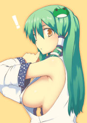 Rule 34 | !, 1girl, armpits, breasts, detached sleeves, downblouse, female focus, frog, frog hair ornament, green hair, hair ornament, hair tubes, kochiya sanae, large breasts, long hair, no bra, orange eyes, parted lips, sideboob, simple background, solo, standing, staring, touhou, uro (urotanc), when you see it, yellow background