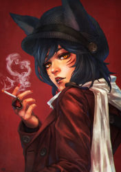 Rule 34 | 1girl, absurdres, ahri (league of legends), animal ears, black hair, cabbie hat, cigarette, eyelashes, facial mark, fox ears, gem, hand in pocket, hat, highres, jacket, jewelry, league of legends, lipstick, long hair, looking at viewer, makeup, monori rogue, nail polish, nose, red background, red jacket, red lips, red nails, red theme, ring, scarf, slit pupils, smoking, solo, whisker markings, yellow eyes