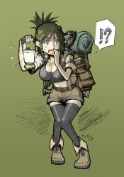 Rule 34 | !, !?, 1girl, 330 design, ?, backpack, bag, blue eyes, breasts, brown hair, cleavage, commentary, elf, fantasy, graphite (medium), highres, holding, holding lantern, lantern, midriff, navel, open mouth, original, pointy ears, scared, short shorts, shorts, solo, spoken exclamation mark, spoken question mark, thighhighs, traditional media