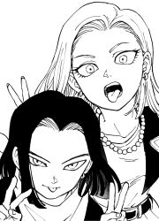 1boy 1girl android_17 android_18 belt collarbone commentary double_v dragon_ball dragonball_z earrings greyscale highres jewelry looking_at_viewer monochrome necklace open_mouth short_hair simple_background smile tkgsize v white_background