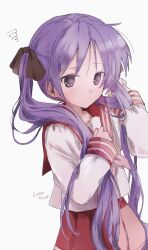 Rule 34 | 1girl, 3:, arm up, blouse, blush, brown ribbon, clenched hand, closed mouth, dot nose, grey background, hair over shoulder, hair ribbon, tucking hair, hand in own hair, hand on own chest, hand up, hano luno, highres, hiiragi kagami, light frown, long hair, long sleeves, looking at viewer, lucky star, neckerchief, pleated skirt, puffy long sleeves, puffy sleeves, purple eyes, purple hair, raised eyebrow, red neckerchief, red sailor collar, red skirt, ribbon, ryouou school uniform, sailor collar, school uniform, serafuku, shirt, signature, simple background, skirt, sleeve cuffs, solo, squiggle, twintails, upper body, very long hair, white serafuku, white shirt