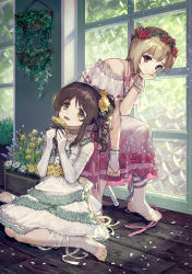 Rule 34 | 2girls, aiba yumi, ainy, arm support, bad id, bad pixiv id, bare shoulders, barefoot, blonde hair, bridal gauntlets, brown eyes, brown hair, choker, commentary request, corsage, curly hair, detached sleeves, dress, elbow gloves, feet, floral print, flower, flower wreath, frilled dress, frills, gloves, hair flower, hair ornament, hanging plant, highres, holding, holding flower, idolmaster, idolmaster cinderella girls, jewelry, long hair, looking at viewer, multiple girls, necklace, open mouth, ponytail, purple ribbon, ribbon, short hair, sidelocks, sitting, smile, strapless, strapless dress, takamori aiko, toeless legwear, toes, wariza, white dress, white ribbon, window, wooden floor