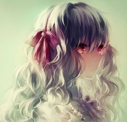 Rule 34 | 1girl, eyelashes, from side, green background, hair ribbon, kagerou project, kozakura marry, leclle, long hair, portrait, red eyes, ribbon, silver hair, solo, wavy hair