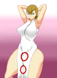 Rule 34 | 1girl, absurdres, armpits, arms behind head, arms up, blonde hair, breasts, china dress, chinese clothes, curvy, dress, green eyes, haruno mebuki, highres, large breasts, mature female, naruto (series), redshoot, shiny skin, short hair, side slit, sleeveless, smile, thick thighs, thighs, wide hips