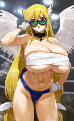 Rule 34 | 1girl, abs, absurdres, armpits, astraea (sora no otoshimono), blonde hair, breasts, cleavage, collar, feipin zhanshi, head wings, highres, large breasts, long hair, sarashi, sora no otoshimono, sunglasses, wings