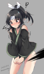 Rule 34 | !?, 1other, androgynous, bandaged head, bandages, black dress, black hair, blush, bow, commentary request, cowboy shot, dated, detached sleeves, dress, hair bow, highres, japanese clothes, jinbei (len&#039;en), len&#039;en, no pants, ougi hina, parted bangs, ponytail, solo, thighs, white bow
