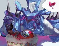 Rule 34 | 2boys, armor, blood, blue gloves, blue headwear, breastplate, cake, chain, checkerboard cookie, checkered clothes, checkered headwear, chikichi, cookie, food, fork, full armor, gloves, glowing, glowing eyes, grey background, hands up, hat, head rest, heart, helmet, highres, holding, holding fork, kishiryu sentai ryusoulger, long sleeves, male focus, multiple boys, pink eyes, ryusoul red, shoulder armor, shoulder spikes, simple background, speech bubble, spikes, spoken heart, super sentai, top hat, upper body, wide sleeves, wiserue