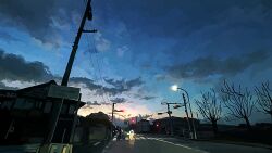 banakotakemaru bare_tree bicycle building cloud cloudy_sky commentary_request crosswalk dusk highres lamppost original outdoors power_lines road scenery sign sky traffic_light tree utility_pole