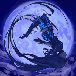 Rule 34 | 1girl, blue theme, closed eyes, full moon, gloves, kansou samehada, long hair, moon, night, original, sketch, solo, thighhighs, upside-down, very long hair, zettai ryouiki