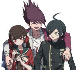 Rule 34 | 1girl, 2boys, :d, ahoge, arm around shoulder, black jacket, black sailor collar, blunt bangs, blush, bow, bowtie, breast pocket, brown eyes, brown hair, buttons, danganronpa (series), danganronpa v3: killing harmony, double-breasted, hair ornament, hairclip, harukawa maki, jacket, long hair, long sleeves, looking at another, mechnmechn, mole, mole under eye, momota kaito, multiple boys, open clothes, open mouth, open shirt, pink jacket, pocket, pout, red eyes, red shirt, saihara shuichi, sailor collar, shirt, short hair, smile, spiked hair, star (symbol), star print, striped clothes, striped jacket, twintails, upper body, white bow, white bowtie, white shirt