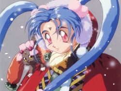 Rule 34 | blue hair, christmas, japanese clothes, kimono, long hair, looking at viewer, masaki sasami jurai, pink eyes, ribbon, ryou-ouki, simple background, smile, snow, tenchi muyou!