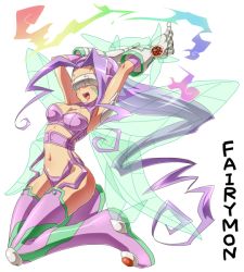 Rule 34 | 00s, 1girl, arai nobu, boots, breasts, cleavage, digimon, digimon (creature), digimon frontier, facial mark, fairimon, fairy wings, gloves, long hair, midriff, navel, open mouth, purple hair, simple background, solo, text focus, thigh boots, thighhighs, very long hair, visor, wings