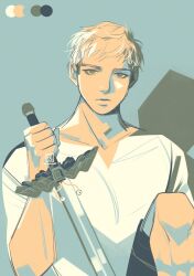 Rule 34 | 1boy, artist logo, artist name, blonde hair, blue background, closed mouth, color guide, commentary, dungeon meshi, english commentary, green background, green eyes, hand up, holding, holding sword, holding weapon, kensuke (dungeon meshi), laios touden, limited palette, looking at viewer, male focus, mhaikkun, scar, scar on leg, shirt, short hair, shorts, sitting, solo, sword, upper body, very short hair, weapon, white shirt