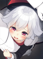 Rule 34 | 1boy, 1girl, age difference, azur lane, blush, breasts, cape, child, cleavage, commander (azur lane), commentary request, from above, fur-trimmed cape, fur trim, gloves, graf zeppelin (azur lane), highres, hugging own legs, indoors, long hair, long sleeves, looking up, olive (laai), open mouth, pants, pink eyes, pleated skirt, silver hair, skirt, small breasts, solo focus, standing, tearing up, tears, wavy mouth, white cape, white gloves, white pants, white skirt, zeppy (azur lane)