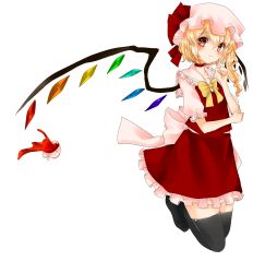 Rule 34 | 1girl, bad id, bad pixiv id, black thighhighs, bow, cup, dress, falling, female focus, flandre scarlet, hat, hat ribbon, highres, koyashaka, looking at viewer, no shoes, pink eyes, puffy sleeves, ribbon, sash, shirt, short sleeves, side ponytail, simple background, skirt, skirt set, solo, spilling, teacup, thighhighs, touhou, vest, white background, wings, zettai ryouiki