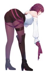 Rule 34 | 1girl, absurdres, ass, bare shoulders, bent over, black shorts, boots, breasts, collared shirt, gloves, high-waist shorts, high heels, highres, honkai: star rail, honkai (series), kafka (honkai: star rail), large breasts, leaning forward, long sleeves, medium hair, pantyhose, pantyhose under shorts, ponytail, purple eyes, purple gloves, purple hair, ryuria, shirt, shorts, shoulder blades, solo, thigh boots, white shirt