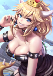 Rule 34 | 1girl, armlet, bare shoulders, bent over, black dress, black garter straps, black nails, blonde hair, blue eyes, blue sky, bowsette, breasts, cleavage, collar, collarbone, commentary, crown, day, dress, earrings, english commentary, fang, fingernails, floating island, garter straps, grin, hair between eyes, hand up, highres, horns, jewelry, jing li, large breasts, long fingernails, long hair, looking at viewer, mario (series), nail polish, new super mario bros. u deluxe, nintendo, outdoors, pointy ears, ponytail, sharp fingernails, sky, smile, solo, spiked armlet, spiked collar, spiked shell, spiked tail, spikes, strapless, strapless dress, super crown, tail, teeth, turtle shell, v-shaped eyebrows