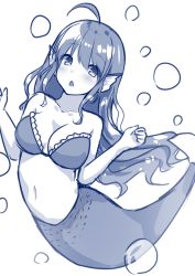 Rule 34 | 1girl, ahoge, bikini, blue theme, blush, breasts, bubble, fins, head fins, long hair, looking at viewer, mermaid, monochrome, monster girl, navel, open mouth, sei000, simple background, solo, swimsuit, underwater, white background