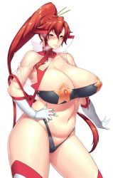 Rule 34 | 00s, 1girl, areola slip, blush, breasts, cape, cleavage, covered erect nipples, cowboy shot, curvy, gloves, hakai shin, highres, huge breasts, long hair, looking at viewer, navel, plump, ponytail, pussy juice, red hair, simple background, smile, solo, space yoko, star (symbol), sweat, tengen toppa gurren lagann, thick thighs, thighhighs, thighs, yellow eyes, yoko littner