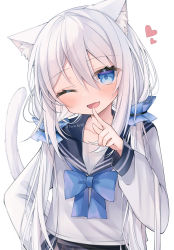 Rule 34 | 1girl, ;d, animal ear fluff, animal ears, black sailor collar, black skirt, blue bow, blue eyes, blush, bow, cat ears, cat girl, cat tail, commentary request, fang, hair between eyes, head tilt, heart, highres, long hair, long sleeves, looking at viewer, low twintails, one eye closed, open mouth, original, pleated skirt, puffy long sleeves, puffy sleeves, ringouulu, sailor collar, school uniform, serafuku, shirt, simple background, skirt, smile, solo, tail, twintails, twitter username, very long hair, white background, white hair, white shirt