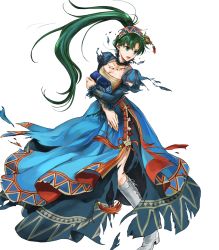 Rule 34 | 1girl, boots, box, breasts, cleavage, dress, earrings, female focus, fire emblem, fire emblem: the blazing blade, fire emblem heroes, full body, green eyes, green hair, highres, injury, jewelry, knee boots, long hair, lyn (fire emblem), lyn (valentine) (fire emblem), matching hair/eyes, nintendo, official art, ponytail, ryona, solo, torn clothes, transparent background, wada sachiko, white footwear