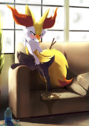 Rule 34 | 1girl, absurdres, animal ear fluff, animal ears, animal hands, animal nose, artist name, backlighting, biting, black fur, blush, body fur, bottle, braixen, cleft of venus, commission, couch, creatures (company), dated, day, eryz, fangs, female focus, finger biting, fox ears, fox girl, fox tail, full body, furry, furry female, game freak, gen 6 pokemon, hand on own chest, hand up, highres, indoors, leg up, looking down, nintendo, nose blush, open mouth, orange eyes, pee, peeing, pokemon, pokemon (creature), puddle, pussy, signature, snout, solo, spread legs, standing, stick, tail, twitter username, uncensored, water bottle, watermark, white fur, window, yellow fur