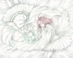 Rule 34 | 2others, ahoge, alternate costume, androgynous, bad id, bad pixiv id, bed sheet, cinnabar (houseki no kuni), closed eyes, colored eyelashes, green hair, hair ribbon, houseki no kuni, lying, multiple others, on back, on side, phosphophyllite, pillow, red hair, ribbon, short hair, shuiqin, skirt, sleeping, sleepwear, white theme, wide sleeves