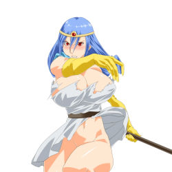 Rule 34 | 1girl, ass, blue hair, blush, breasts, chunsoft, cleavage, clenched teeth, dragon quest, dragon quest iii, dress, enix, female focus, highres, huge breasts, long hair, no panties, red eyes, sage (dq3), simple background, solo, teeth, torn clothes, white background, white dress