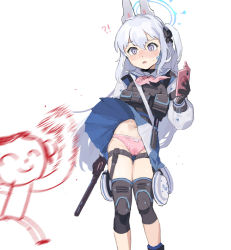 Rule 34 | !, 1girl, ?, animal ears, armband, black gloves, blue archive, bow, bow panties, bulletproof vest, cellphone, clothes lift, doodle sensei (blue archive), fake animal ears, gloves, grey hair, halo, highres, knee pads, long hair, maqin, miyako (blue archive), motion blur, navel, neckerchief, panties, phone, pink neckerchief, pink panties, pleated skirt, purple eyes, school uniform, sensei (blue archive), simple background, skirt, skirt lift, solo, surprised, underwear, white background