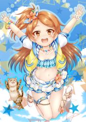 Rule 34 | 1girl, :d, animal, arms up, bikini, bikini skirt, blue bikini, blue sky, blush, brown eyes, brown hair, cat, cloud, collarbone, commentary request, day, drawstring, flower, flower bracelet, full body, highres, idolmaster, idolmaster million live!, idolmaster million live! theater days, jacket, long hair, looking at viewer, ogami tamaki, one side up, open clothes, open jacket, open mouth, outdoors, parted bangs, polka dot, polka dot bikini, puffy short sleeves, puffy sleeves, regular mow, round teeth, shoes, short sleeves, sky, smile, solo, star (symbol), swimsuit, teeth, upper teeth only, very long hair, white flower, white footwear, yellow jacket